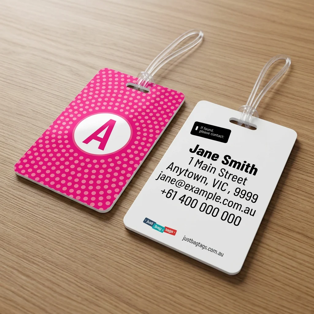 Pink Spot - A personalised bag tag, front and back on a timber tabletop