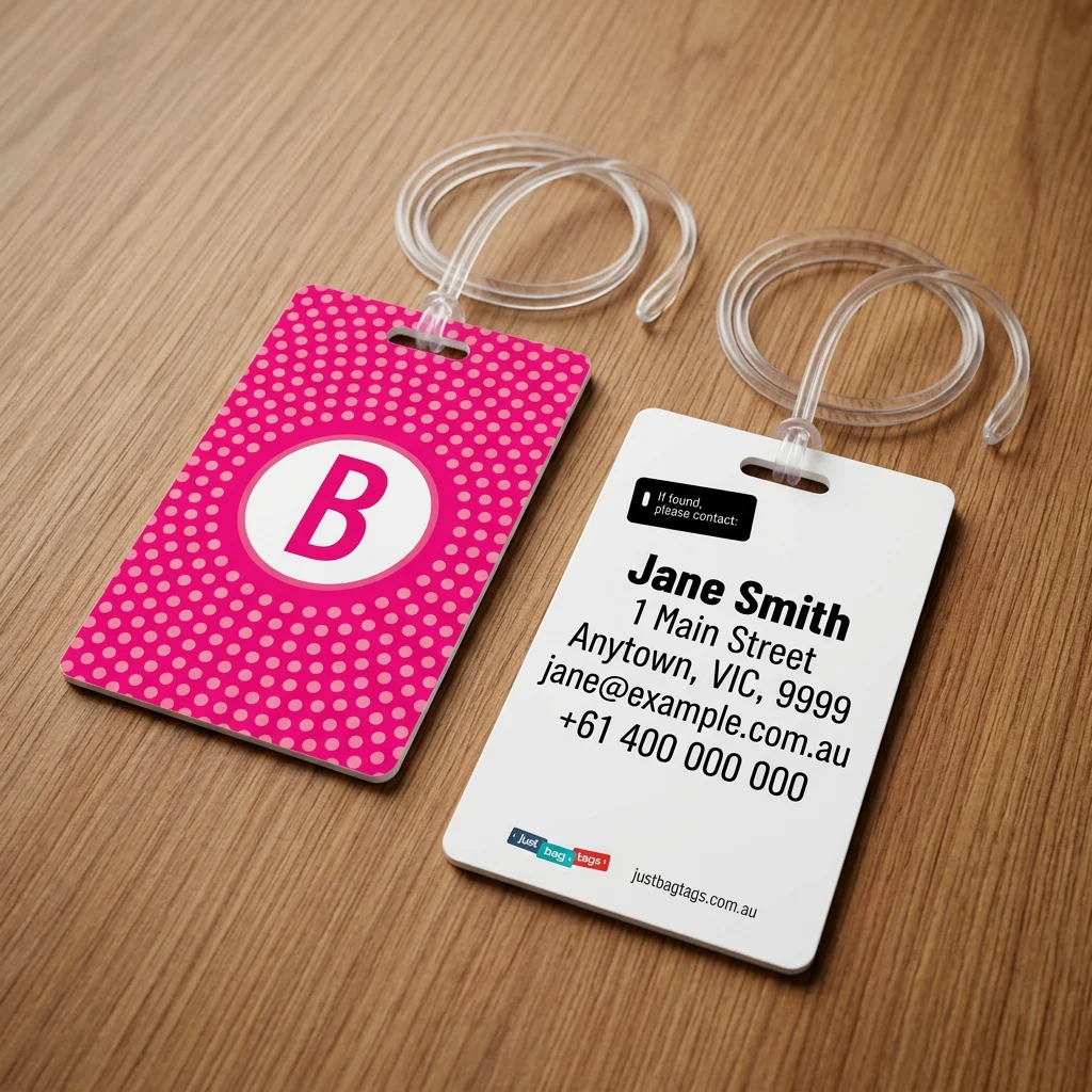 Pink Spot - B personalised bag tag, front and back on a timber tabletop