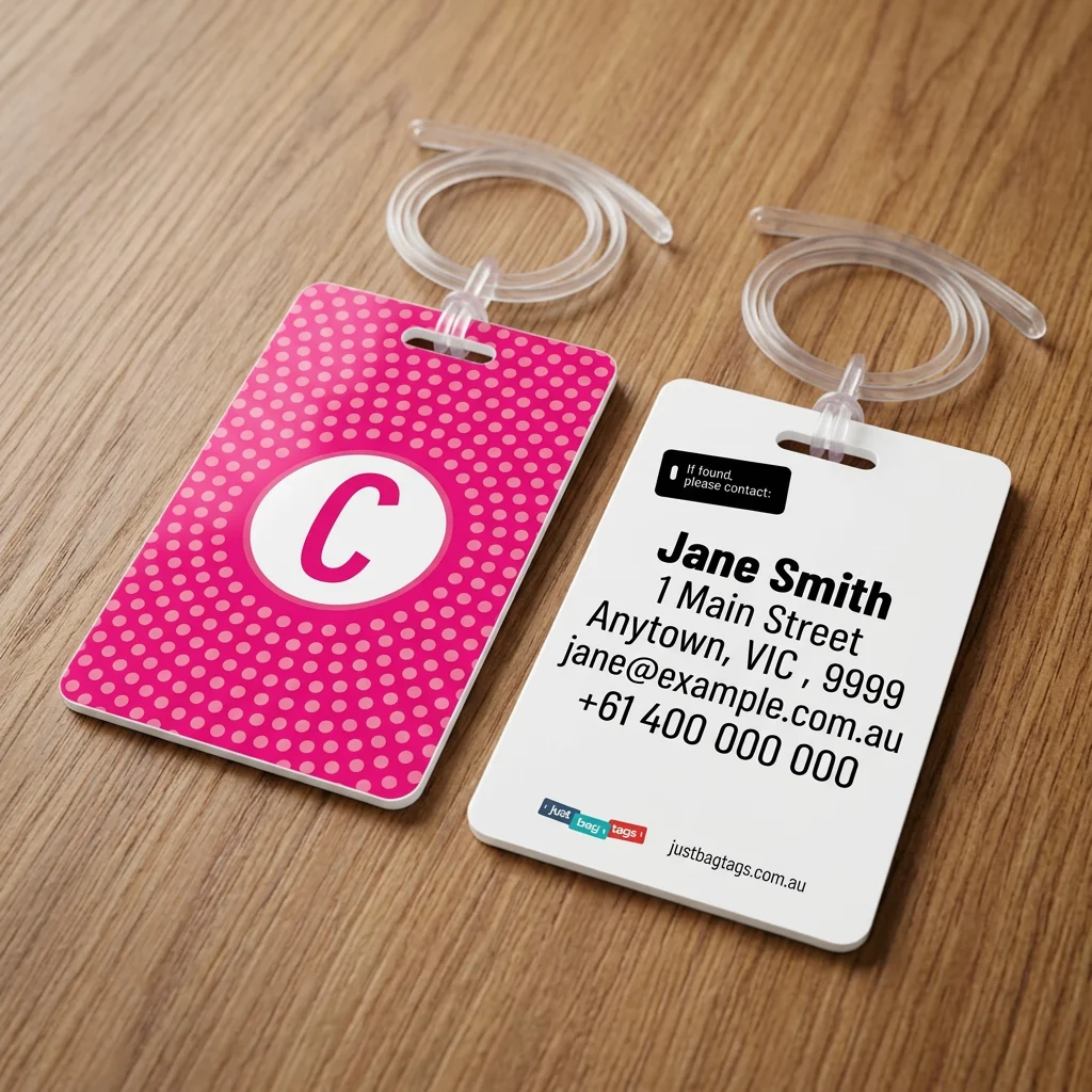 Pink Spot - C personalised bag tag, front and back on a timber tabletop