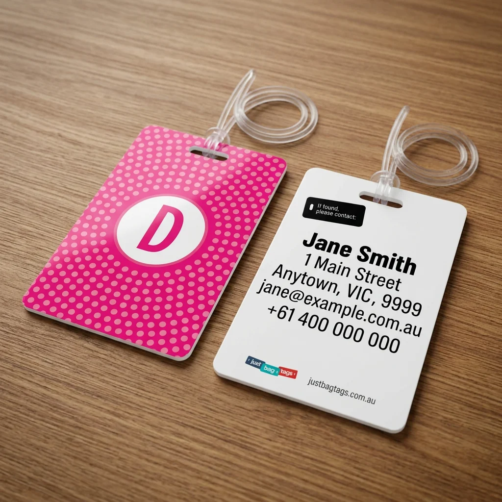 Pink Spot - D personalised bag tag, front and back on a timber tabletop