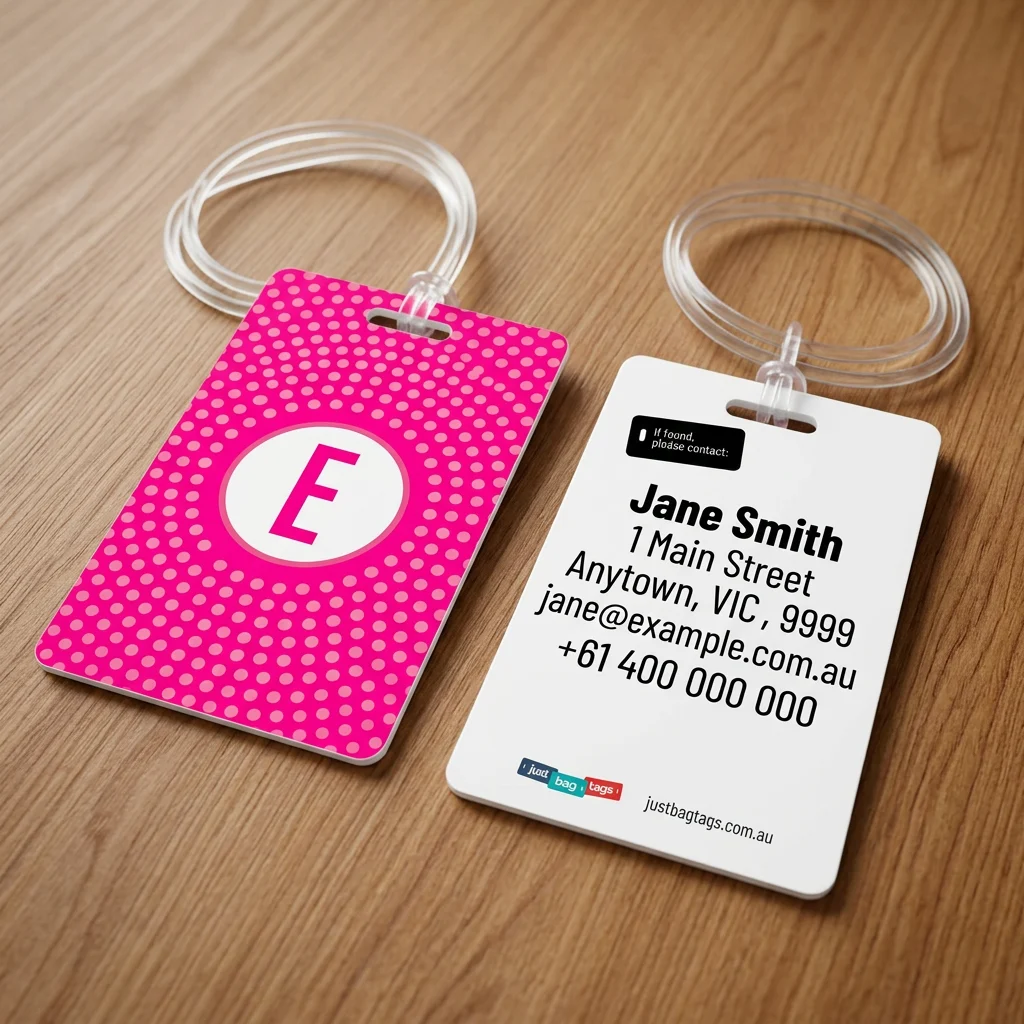 Pink Spot - E personalised bag tag, front and back on a timber tabletop