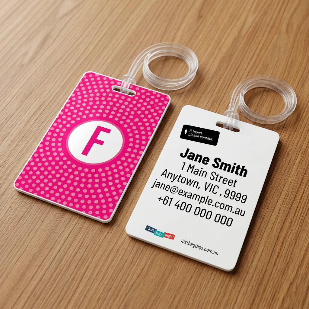 Pink Spot - F personalised bag tag, front and back on a timber tabletop