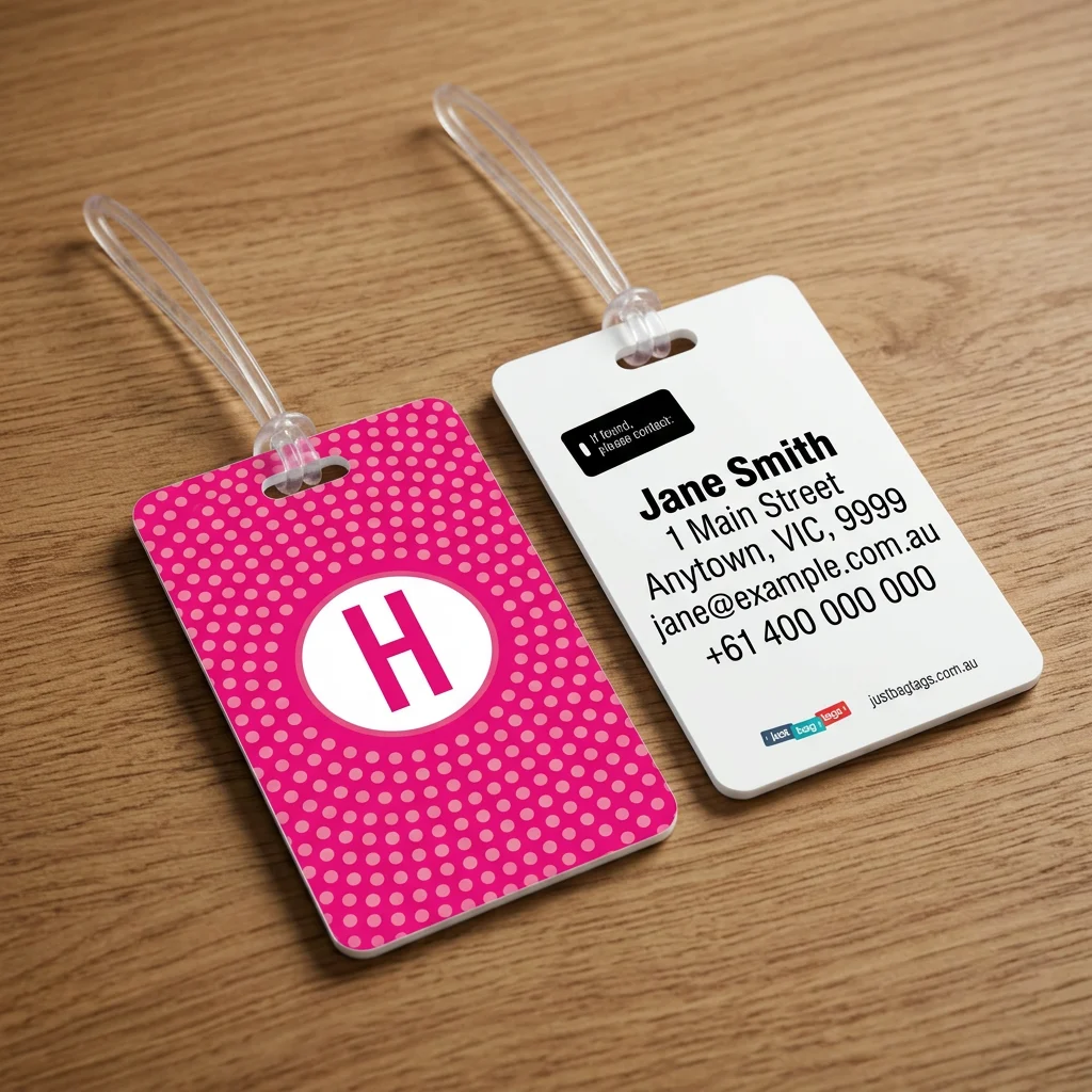 Pink Spot - H personalised bag tag, front and back on a timber tabletop
