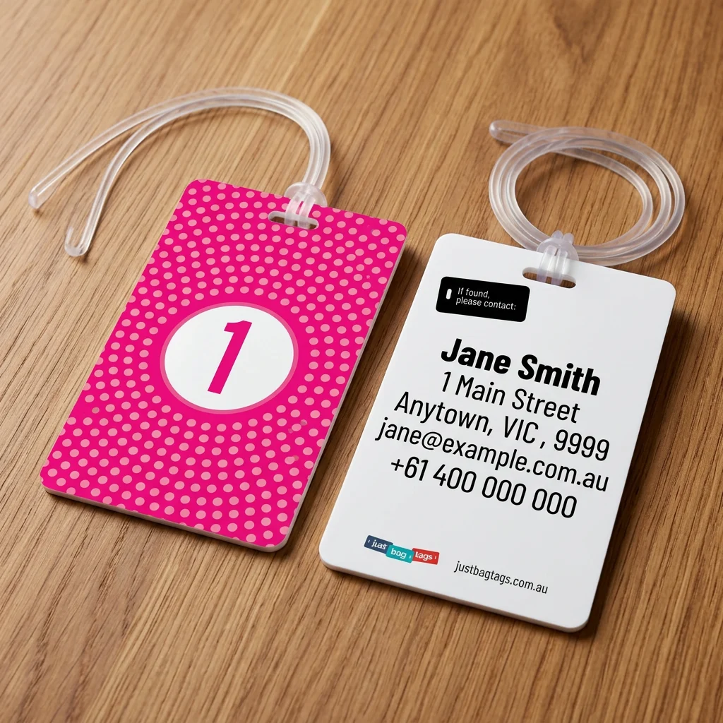 Pink Spot - I personalised bag tag, front and back on a timber tabletop