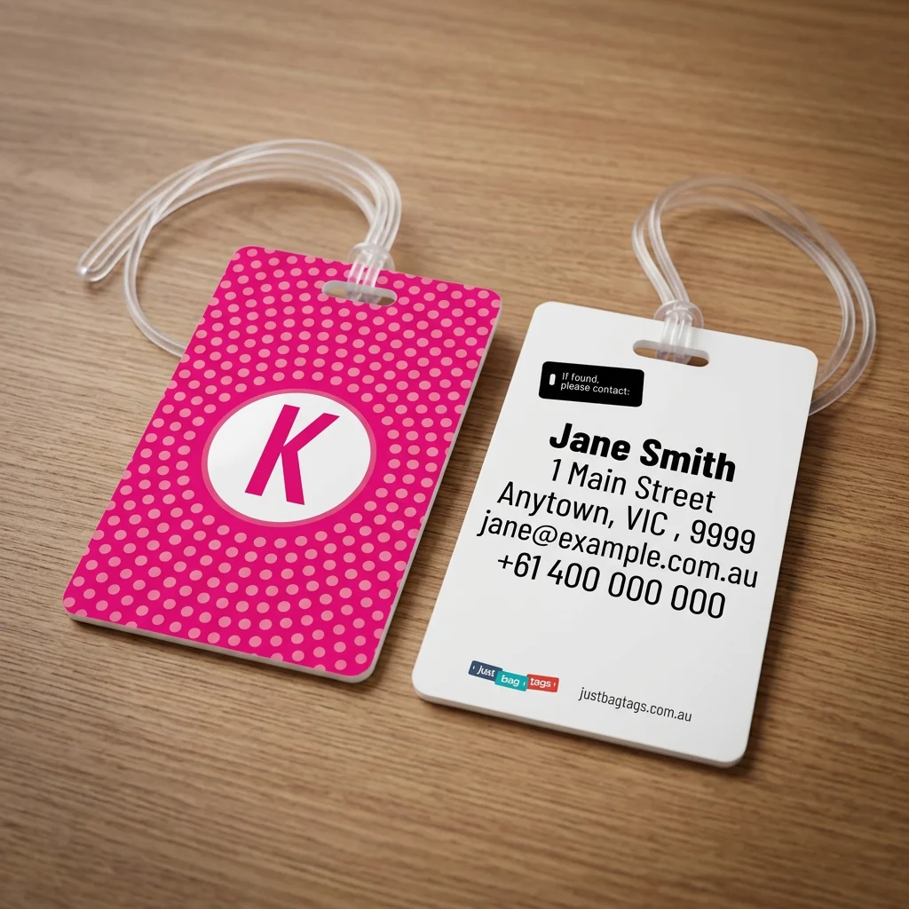 Pink Spot - K personalised bag tag, front and back on a timber tabletop