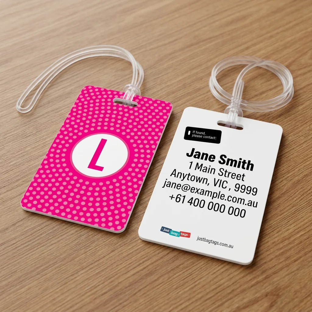 Pink Spot - L personalised bag tag, front and back on a timber tabletop