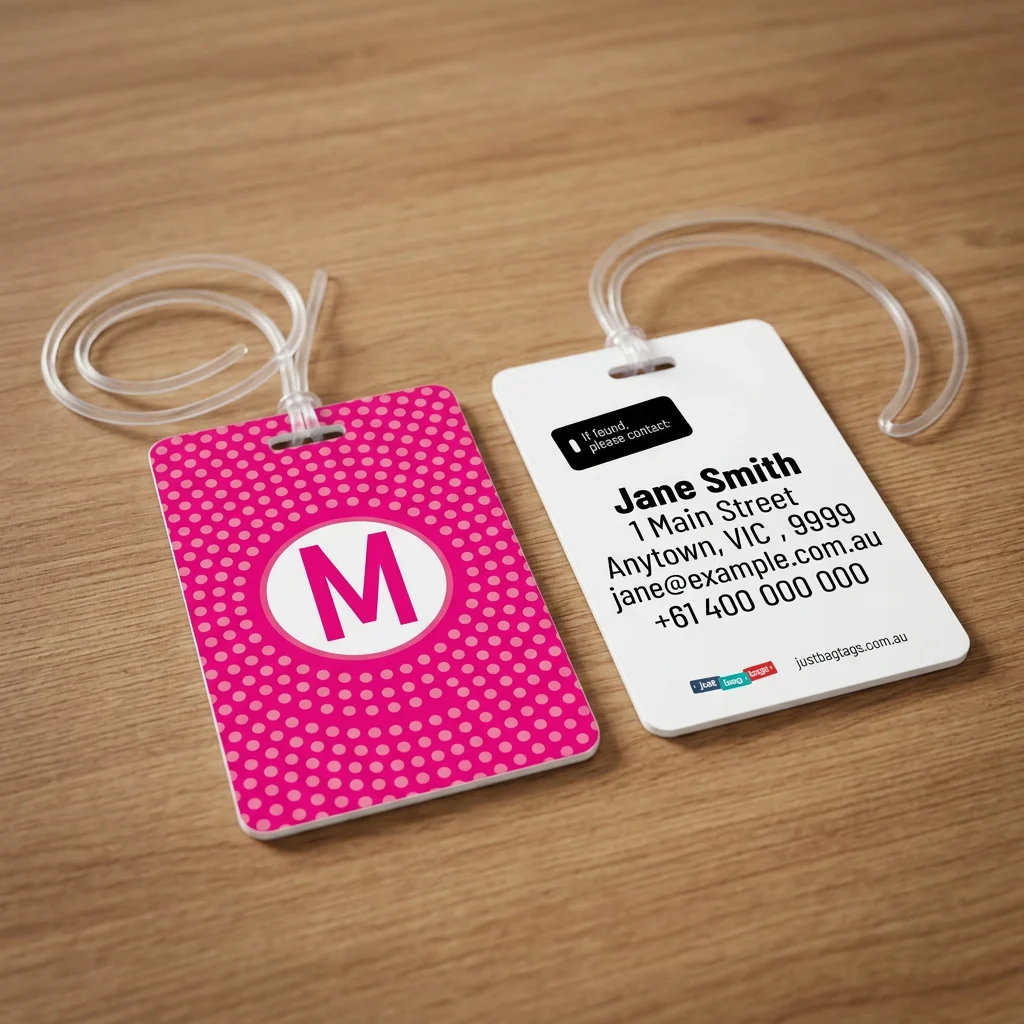 Pink Spot - M personalised bag tag, front and back on a timber tabletop