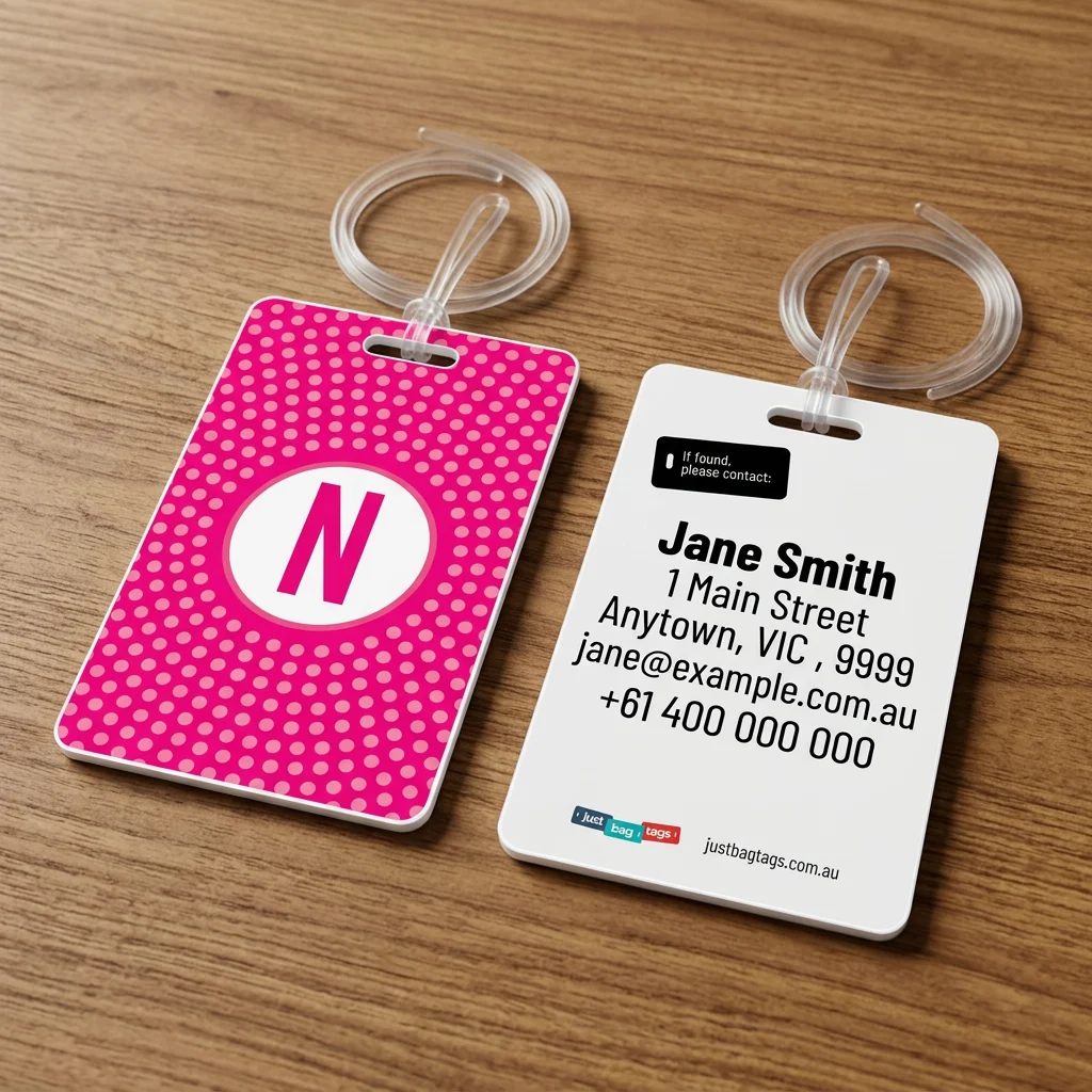 Pink Spot - N personalised bag tag, front and back on a timber tabletop