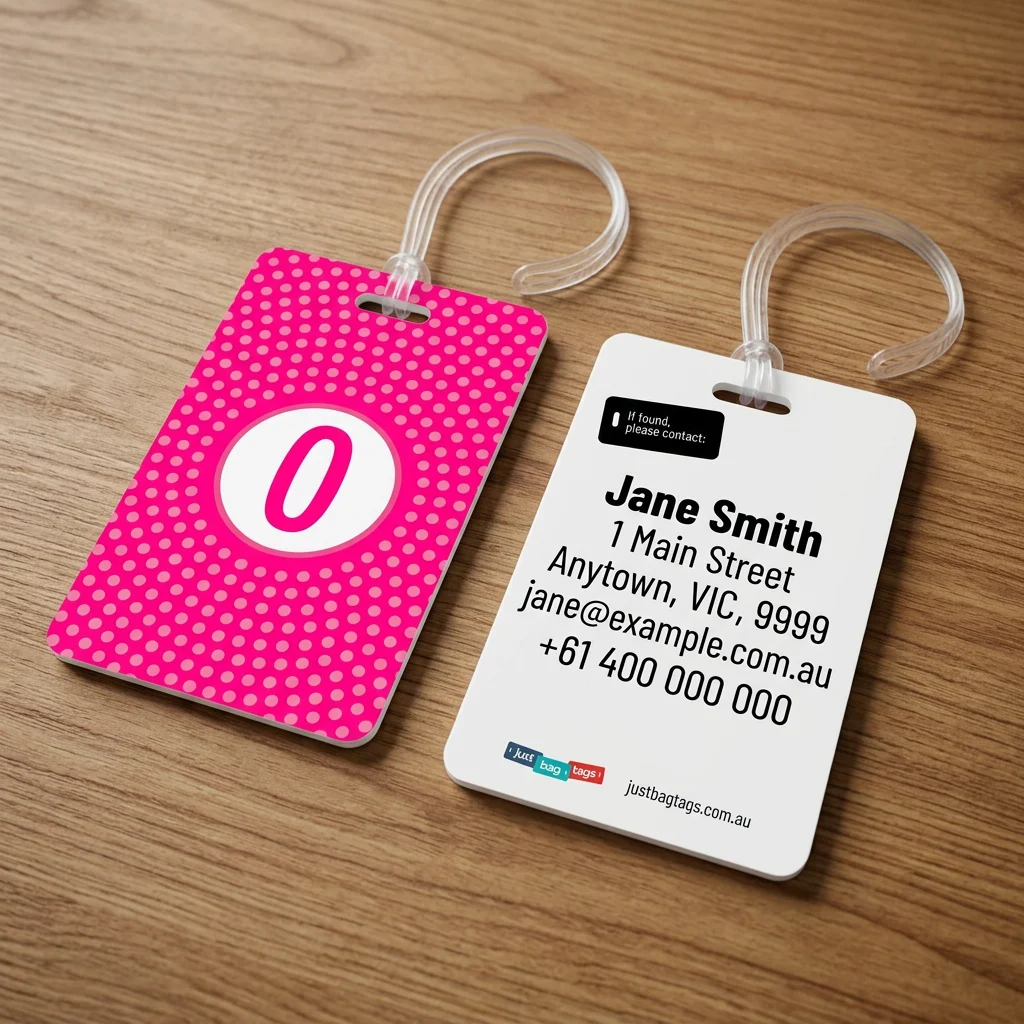 Pink Spot - O personalised bag tag, front and back on a timber tabletop