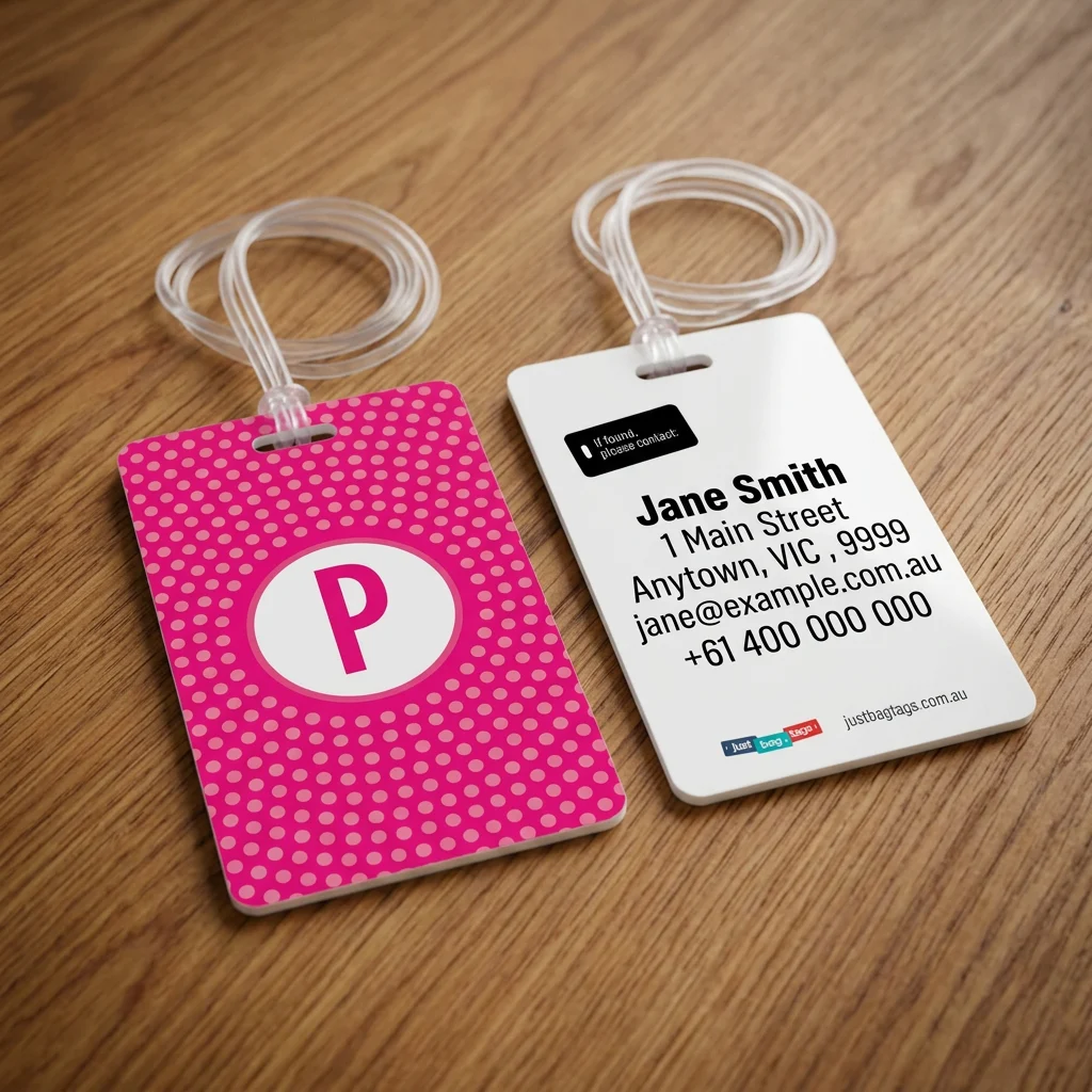 Pink Spot - P personalised bag tag, front and back on a timber tabletop