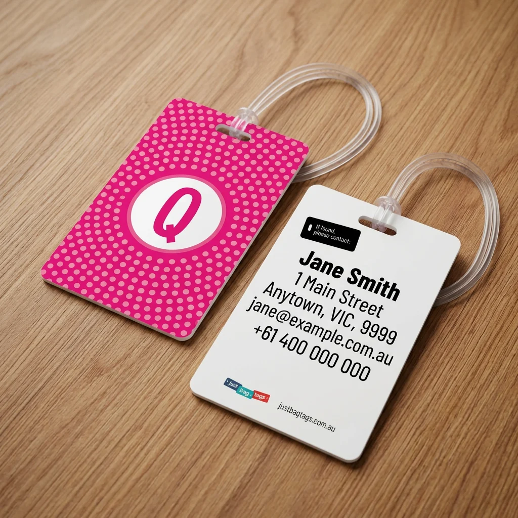 Pink Spot - Q personalised bag tag, front and back on a timber tabletop