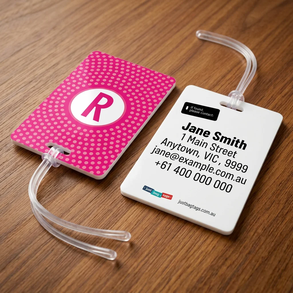 Pink Spot - R personalised bag tag, front and back on a timber tabletop