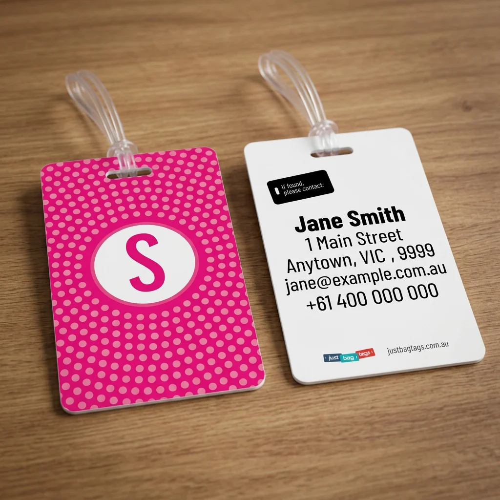Pink Spot - S personalised bag tag, front and back on a timber tabletop