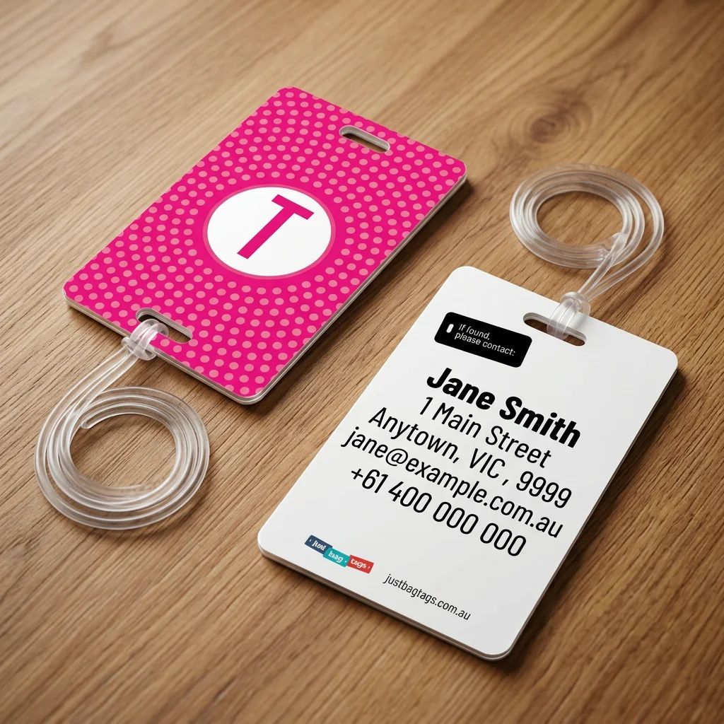 Pink Spot - T personalised bag tag, front and back on a timber tabletop