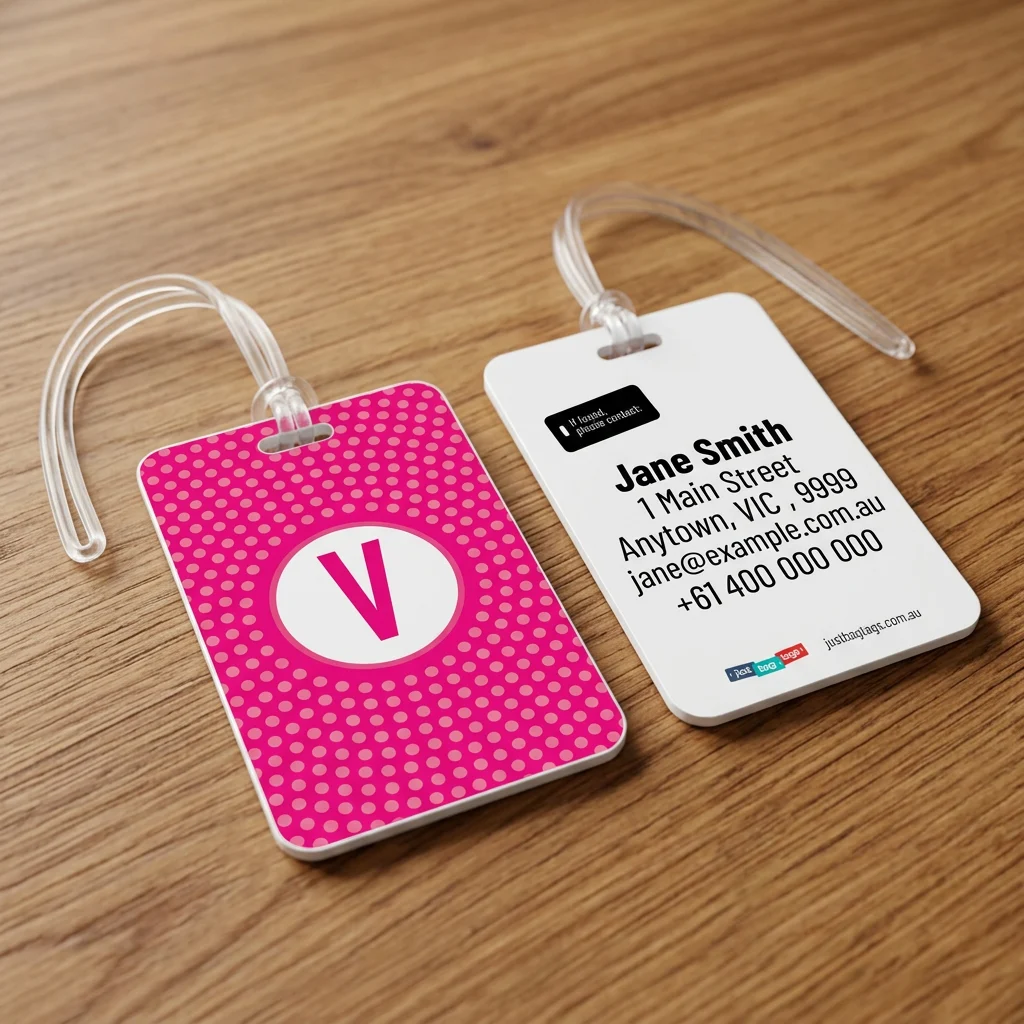 Pink Spot - V personalised bag tag, front and back on a timber tabletop
