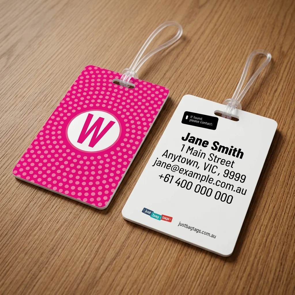 Pink Spot - W personalised bag tag, front and back on a timber tabletop
