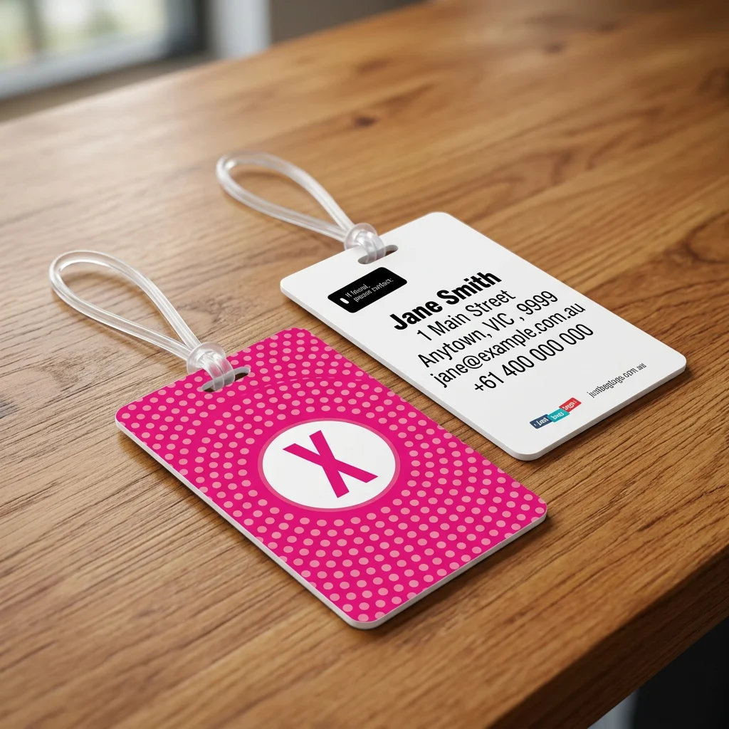 Pink Spot - X personalised bag tag, front and back on a timber tabletop