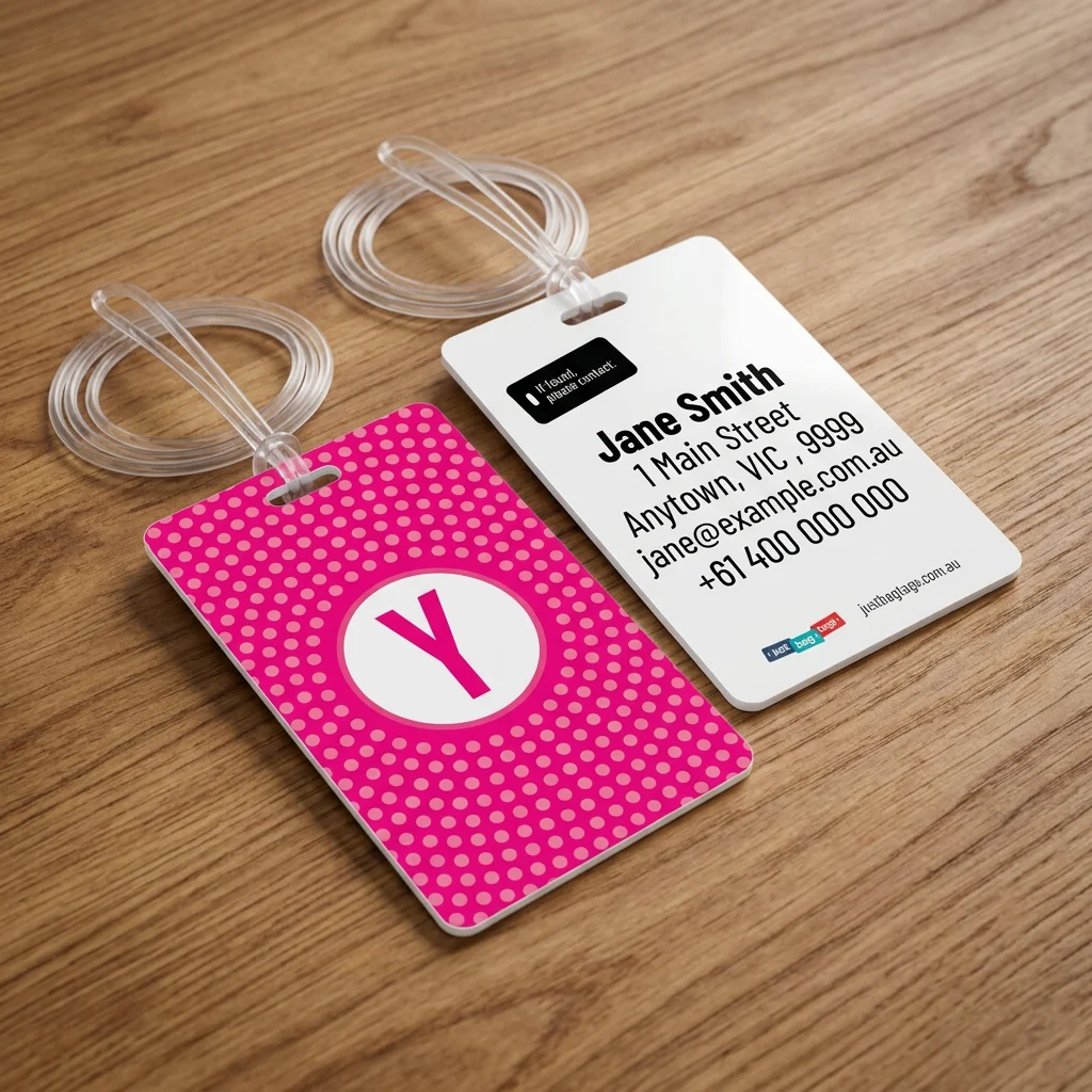 Pink Spot - Y personalised bag tag, front and back on a timber tabletop