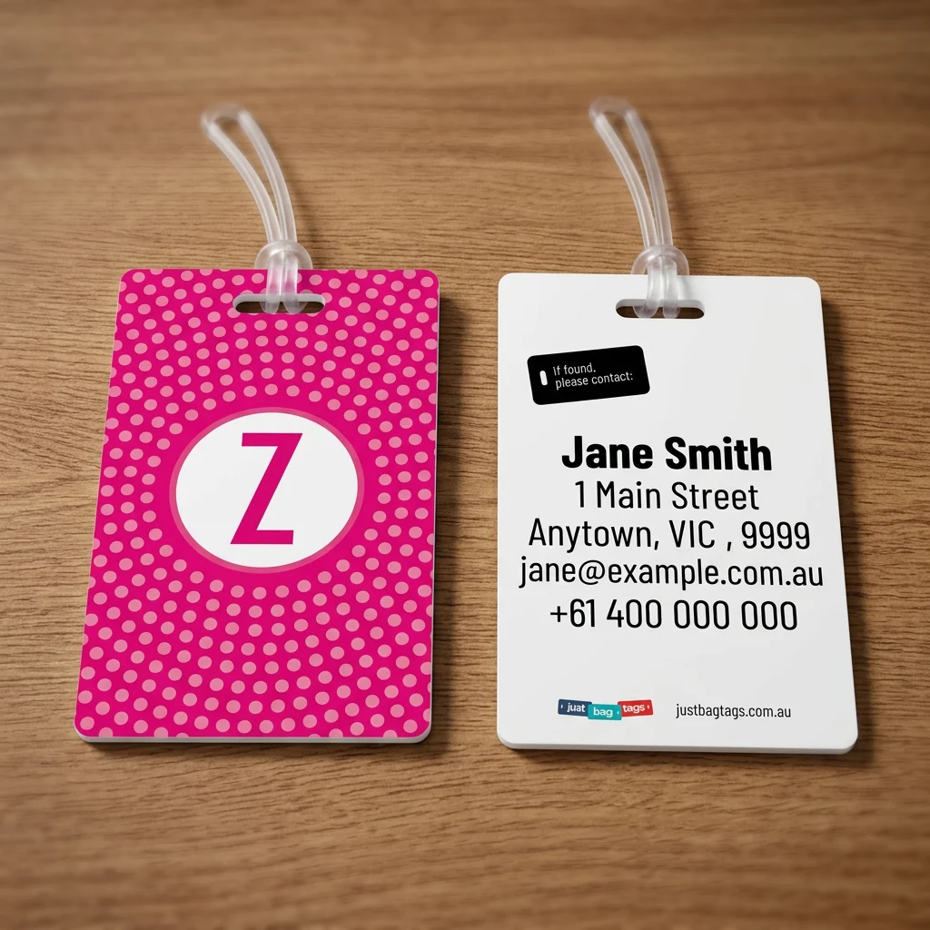 Pink Spot - Z personalised bag tag, front and back on a timber tabletop