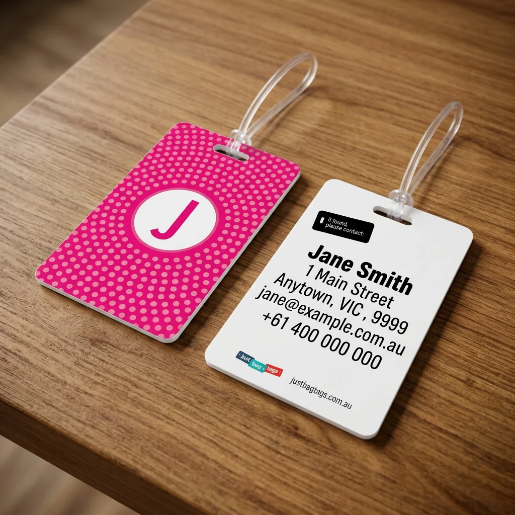 Pink Spot - J personalised bag tag, front and back on a timber tabletop
