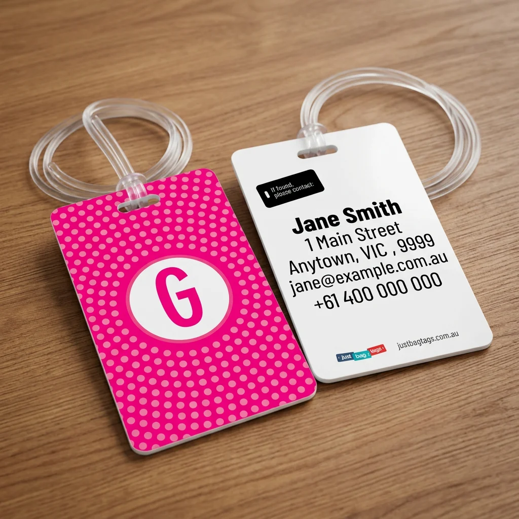 Pink Spot - G personalised bag tag, front and back on a timber tabletop