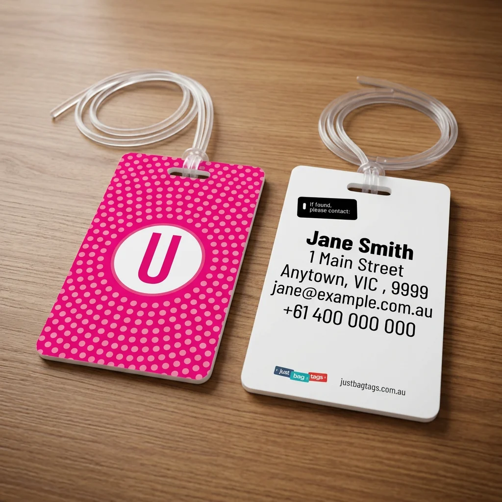Pink Spot - U personalised bag tag, front and back on a timber tabletop